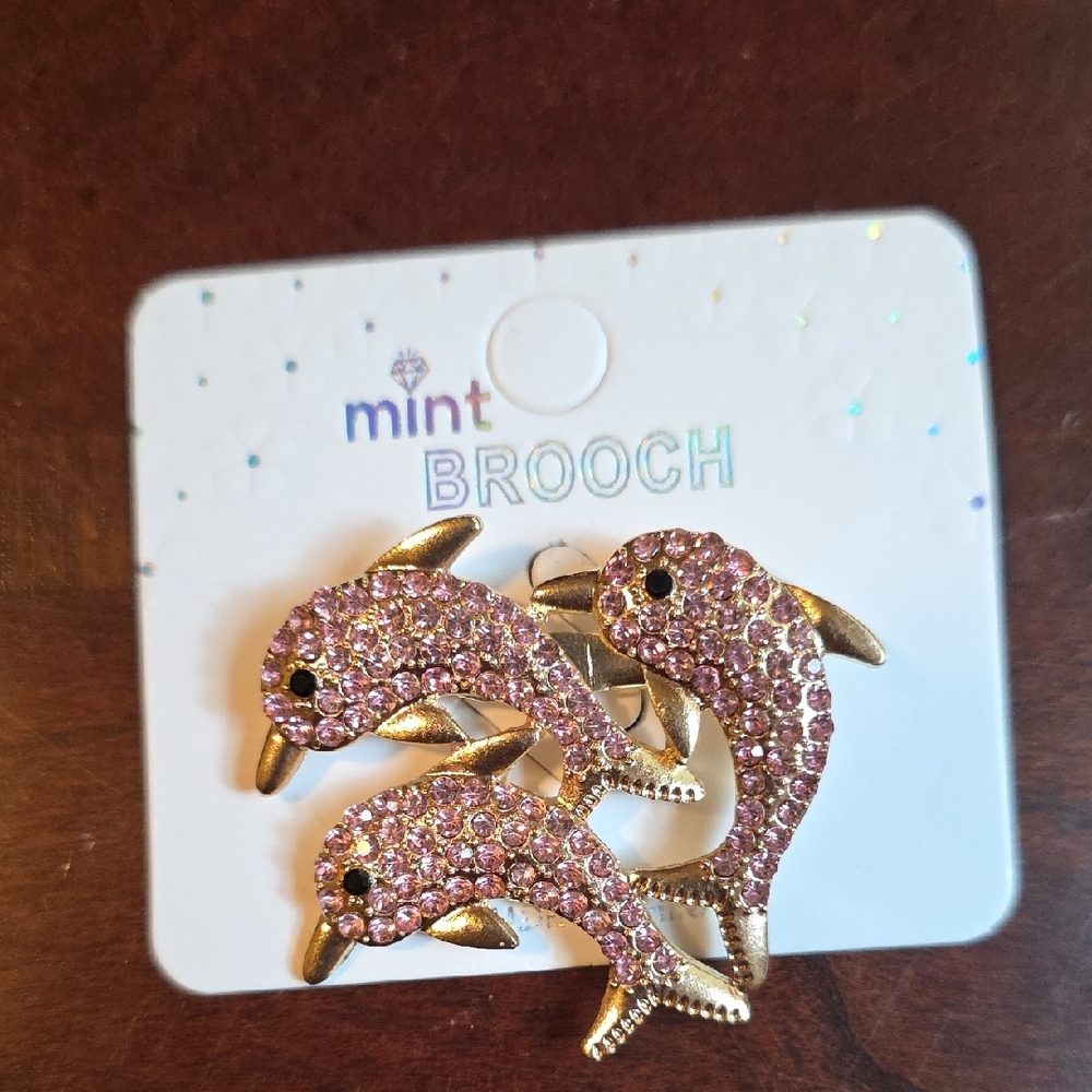Mint Pink and Gold Dolphin Trio Brooch